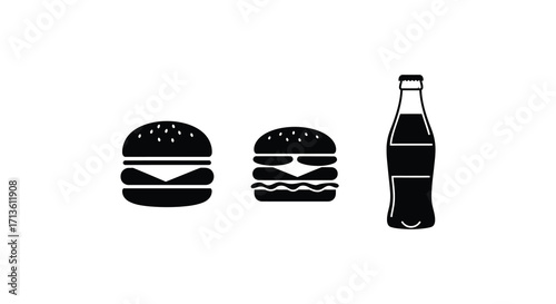 Simple black and white icons depicting a burger chips and a soda bottle