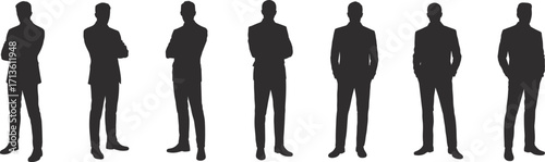 Set of male businesspeople silhouettes, including men in suits with various confident poses, representing professionals, a flat vector illustration