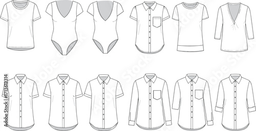 CAD drawing flat vector illustration of assorted women’s tops shirts bodysuits blouse fashion garment template with front and back