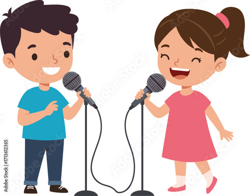Happy children singing with microphones on stage, boy and girl performing music concert, kids karaoke party fun entertainment illustration.