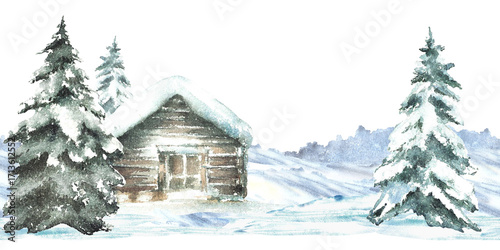 Winter cabin with snowy pine tree Landscape seamless border. Rustic wooden house, winter chalet a snow covered roof Watercolor painting pattern illustration isolated from background for Xmas, New Year