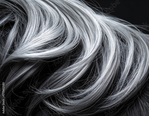 Close up of Gray Hair, Detailed Texture, Elegant, Silver, Flowing, Beautiful.