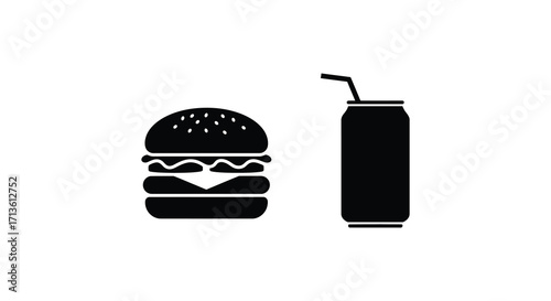 Simple black and white icons depicting a burger and a canned drink