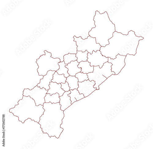 Detailed outline map of a region displaying administrative or geographical divisions.