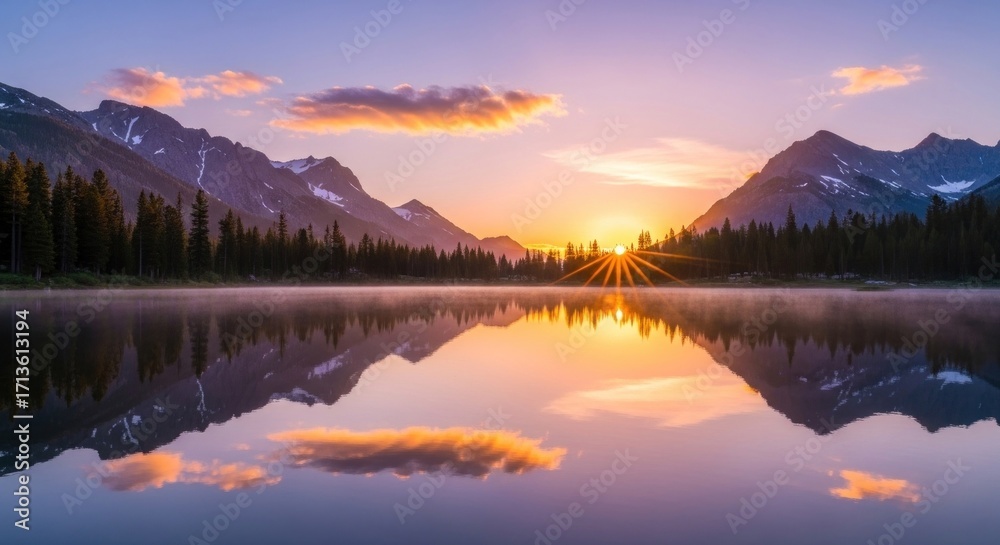 Fototapeta premium A wonder view of a lake in front of mountains in morning time