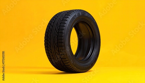 Black tire on a bright yellow background.