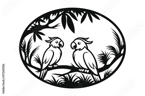 Two cockatoos perched on a branch, within an oval frame, illustration, white background