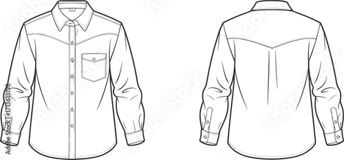 Long sleeve button up shirt technical drawing, front and back fashion flat sketch, apparel design template for clothing industry illustration