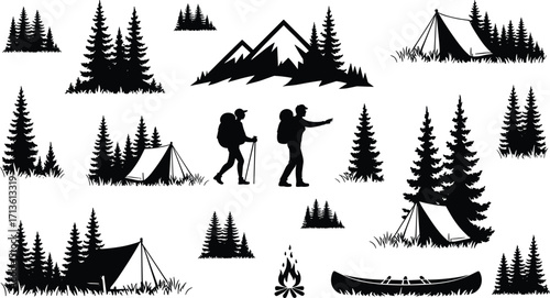 Camping and hiking silhouettes, mountain adventure, tent, trees, campfire, canoe, hikers, nature, outdoor exploration, wilderness