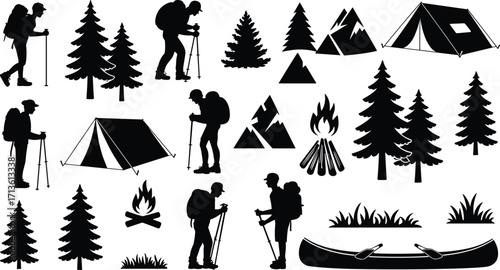 Camping and hiking silhouettes, mountain adventure, tent, trees, campfire, canoe, hikers, nature, outdoor exploration, wilderness