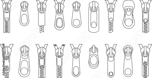 CAD drawing flat vector illustration of assorted zipper slider and puller types garment fashion hardware template front view design