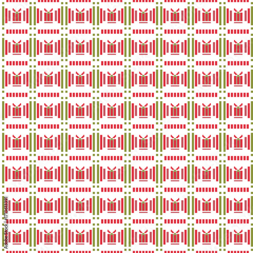Gift box vector pattern with bold vertical on soft pink background. Christmas pattern seamless. Concept of stripe, geometric, cute pixel-art, birthday, holidays for wallpaper, print, wrapping paper.