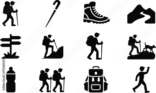 Hiking icons set, mountain trekking, backpacker, trailhead sign, hiking boots, trekking poles, outdoor adventure, nature exploration, camping gear, vector illustration, black and white