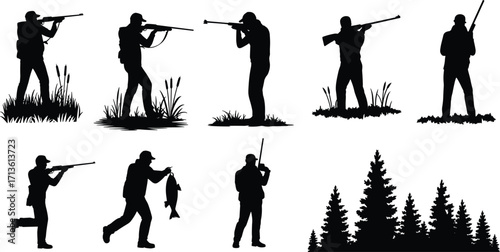 Hunting and fishing silhouettes, outdoor adventure, man with rifle, angler, forest, nature, wildlife, sport, camping, wilderness, black and white