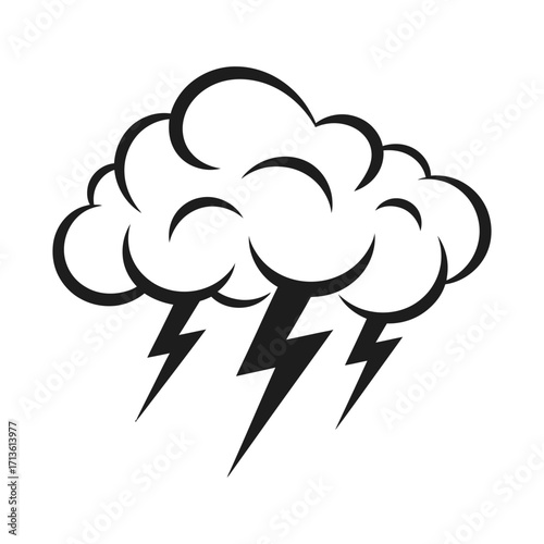 Stylized black illustration of a stormy cloud with lightning bolts