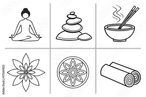 Wellness and spa line icon set yoga pose, hot stones, bowl, lotus, mandala, towels