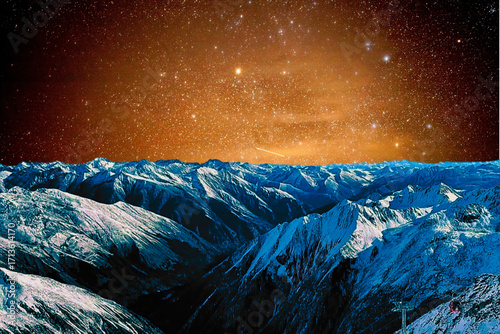 night view of snowy mountain range and milky way. starry night sky with stars and moon. beautiful landscape with snowy mountain peaks in winter night.