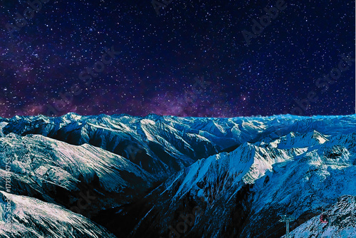 night view of snowy mountain range and milky way. starry night sky with stars and moon. beautiful landscape with snowy mountain peaks in winter night.