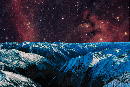 night view of snowy mountain range and milky way. starry night sky with stars and moon. beautiful landscape with snowy mountain peaks in winter night.