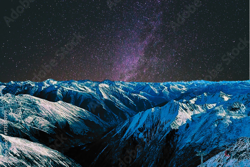 night view of snowy mountain range and milky way. starry night sky with stars and moon. beautiful landscape with snowy mountain peaks in winter night.