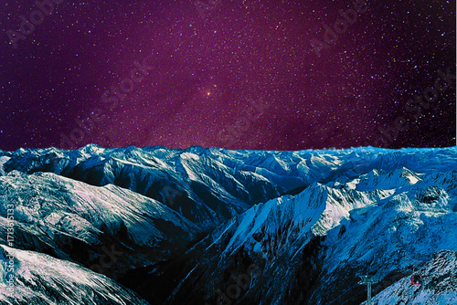 night view of snowy mountain range and milky way. starry night sky with stars and moon. beautiful landscape with snowy mountain peaks in winter night.