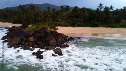 Scenic beach with rocks, waves, and palm trees