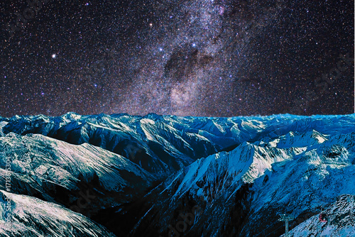 night view of snowy mountain range and milky way. starry night sky with stars and moon. beautiful landscape with snowy mountain peaks in winter night.