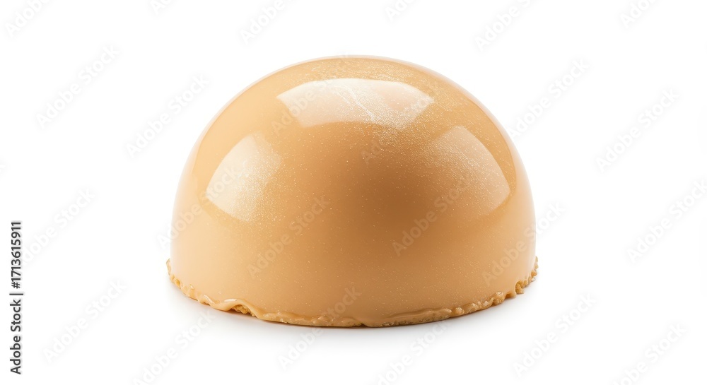 Fototapeta premium A glossy, caramel-colored sphere of dessert, perfectly formed and presented against a plain white background.