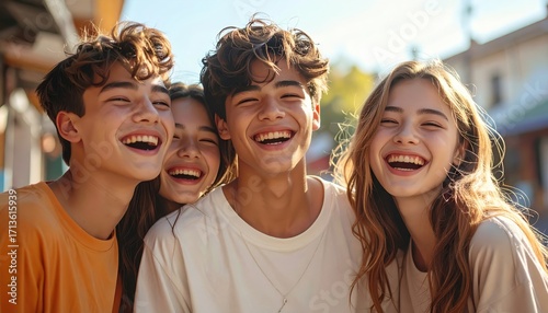 Four joyful young people, laughing together outdoors, display happiness and connection.