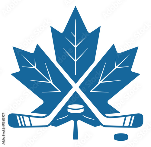 Hockey logo illustration featuring maple leaf shape hockey sticks and puck in blue white colors