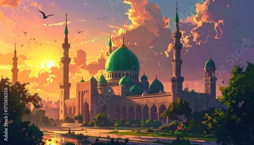 A grand mosque at sunset, showcasing intricate details and a serene ambiance.  The vibrant colors of the sky complement the calm, golden-hued tones of the building.