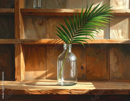 A still life composition showcasing a palm leaf in a clear glass bottle, set against a wooden shelving unit bathed in warm sunlight.