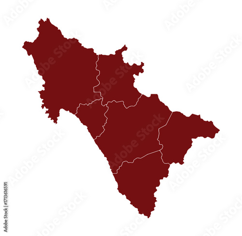 Maroon colored map of a geographical region isolated on a plain white background