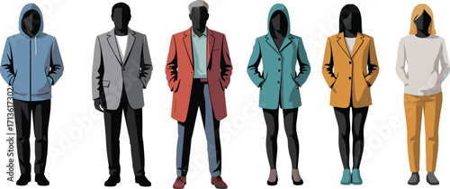 Vector illustration of diverse people in fashionable outfits, men and women clothing style, modern fashion design, casual and formal wear