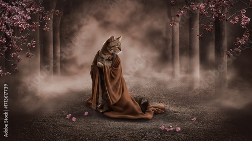 Cat in traditional Chinese clothing, full-body, realistic cinematic scene