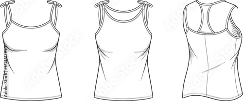 Women’s camisole top vector template, sleeveless tank fashion flat sketch, strappy summer shirt design, front and back clothing illustration