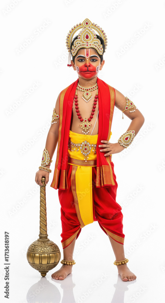 Obraz premium happy indian little boy wearing lord hanuman costume standing on white background