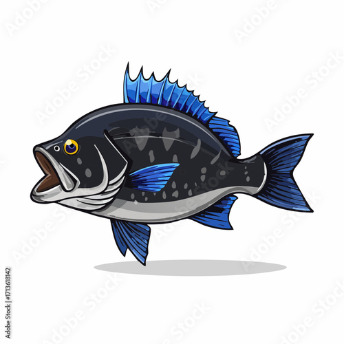 A stylized illustration of a dark-colored fish with blue fins and an open mouth, isolated on white.