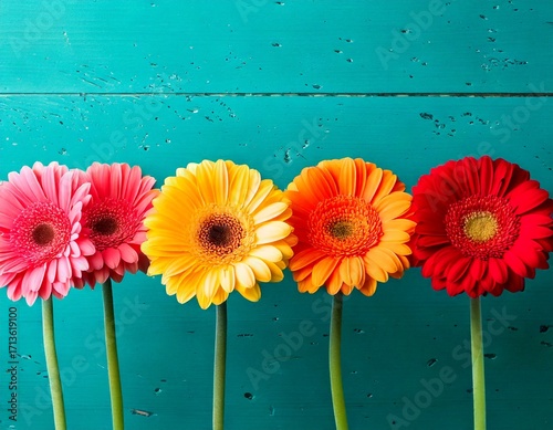 Creative concept of white daisy flowers arranged as a fluffy cloud with falling raindrops on a vibrant blue background, symbolizing spring freshness and nature’s beauty.