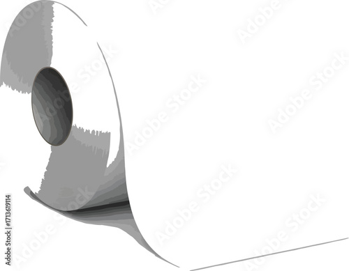 Roll of shiny white paper or plastic material unrolling on a white background for printing or packaging applications and industrial use cases