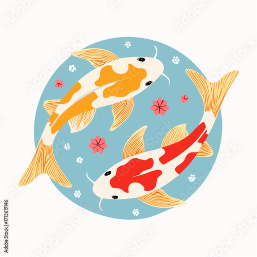 Two decorative koi fish swim in a circular blue pond, surrounded by flowers.