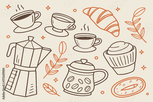 Cute Outline Coffee and Breakfast Items Set