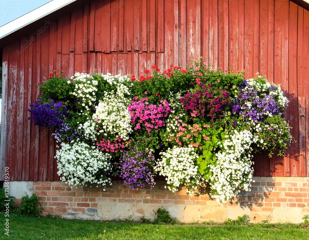Fototapeta premium Colorful flower planters on a red barn
