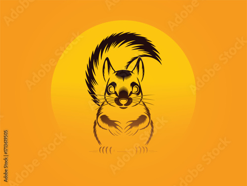 A stylized, dark silhouette of a squirrel with a bushy tail stands against a bright, glowing orange circle, evoking a warm, natural feel.