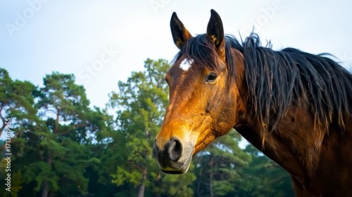 Horse portrait brown horse head in profile against a field and forest backdrop, with clear sky