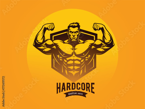 Muscular man posing with hardcore logo on orange background