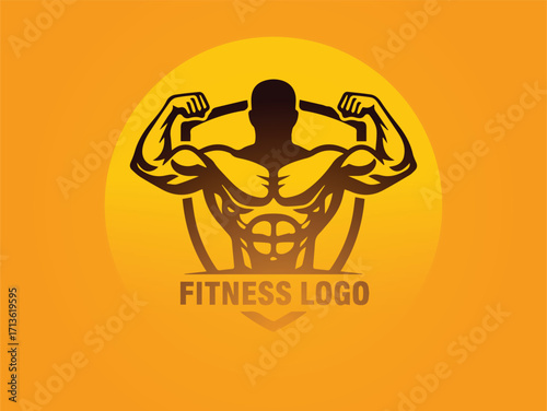 Muscular man posing with hardcore logo on orange background