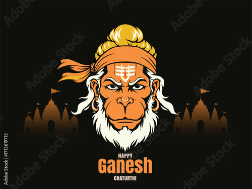 Lord Hanuman's face, dominating the center of the frame, with a fierce yet stoic expression, his deep-set, intense eyes looking directly forward, framed 