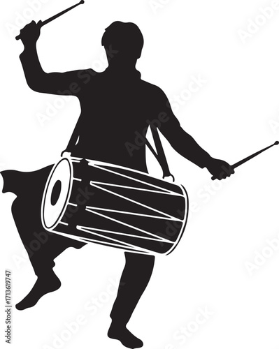Dholak Player Silhouette Vector Illustration

Traditional Indian Dholak Drum and Drumsticks Icon

Bhangra Dance Dholak Performer Clipart

Black and White Dholak Musical Instrument Design
