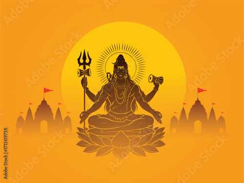 A silhouetted depiction of Lord Shiva in meditation, holding a trident and damaru, seated on a lotus throne with temples in the background.